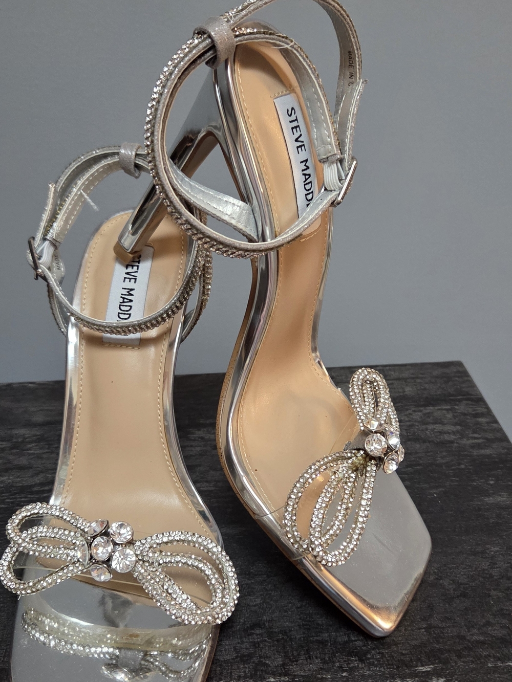 NEW!🔥Steve Madden Silver Crystal Bow Ankle-Strap Heels